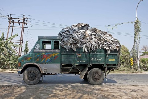 Recycled leather being delivered by lorry to make potash