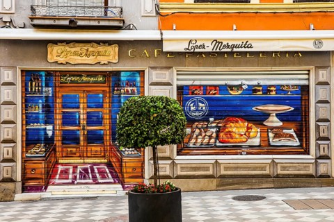Bakery with painted blinds