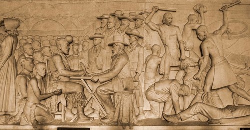 Marble relief with the story of the Boer trek