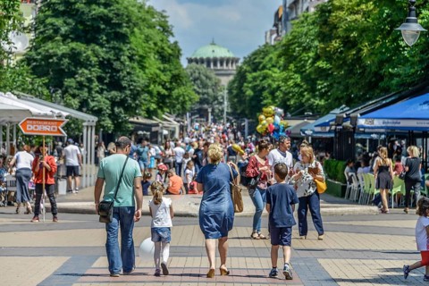 Pedestrian in busy pedestrian zone