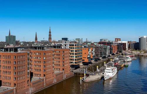 View of the Michel and Sandtorhafen harbour from the Elbe Philharmonic Hall concert hall in Hafencity