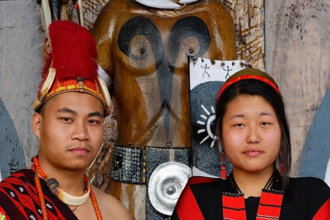 Pair of Naga tribesmen in traditional dress