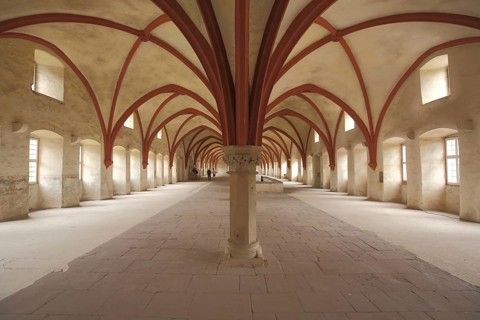 Symmetrical cross vault from the monks' dormitory in the UNESCO Eberbach Monastery in Eltville