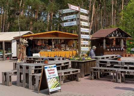 Market stalls and sales booths on the grounds of the asparagus farm in Klaistow