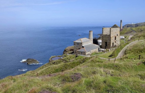 View of coastal tin mine buildings