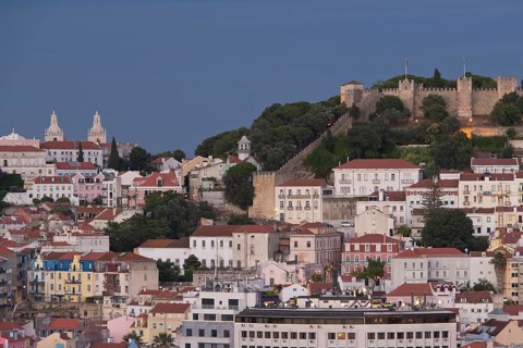 View from Miradouro de Sao Pedro de Alcantara over Lisbon with Castelo de Sao Jorge and Igreja de Sao Vicente de Fora