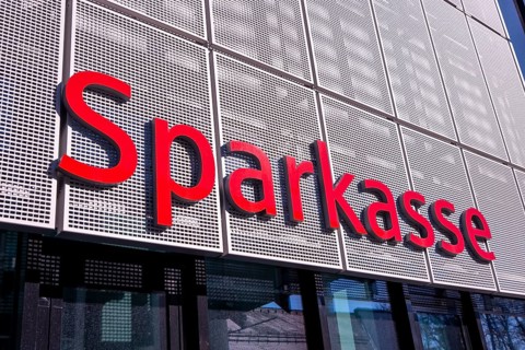 Lettering of a savings bank on a building in Erding