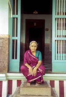 A bramin old lady sitting in front of her Agraharam house at Sundarapandiapuram near Courtallam