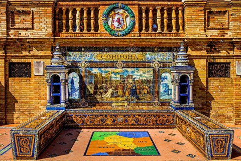 Painted ceramic benches representing Spanish provinces