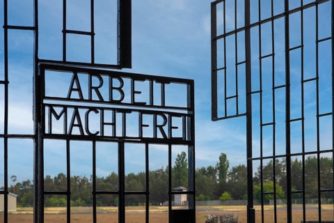 Lettering Arbeit macht frei in the gate of the entrance building to the prisoners' camp