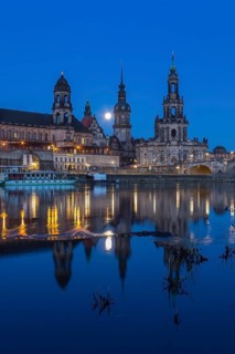 City view at blue hour with reflection in the Elbe and Staendehaus