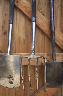 Spades and fork hanging up in garden shed