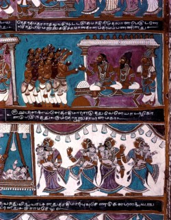 17th century Ramayana murals in Vasanta Mantapa ceiling in Alagarkovil or Alagar Koyil Vishnu temple near Madurai