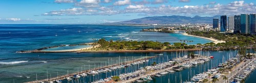 Panoramic view over Ala Moana Beach and Magic Island Lagoon