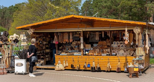 Market stalls and sales booths on the grounds of the asparagus farm in Klaistow