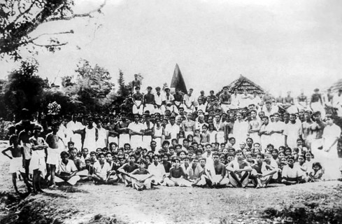 Photography taken in the occassion of the temple entry celebrations of the Thottappally Vishnu temple at Eramalloor near Alappuzha in 1946. The Kerala Chief Minister late K. Karunakaran Virupakshan Na...
