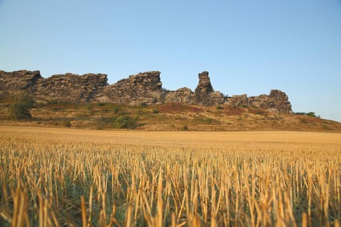 View of Devil's Wall with stubble field in Weddersleben near Thale