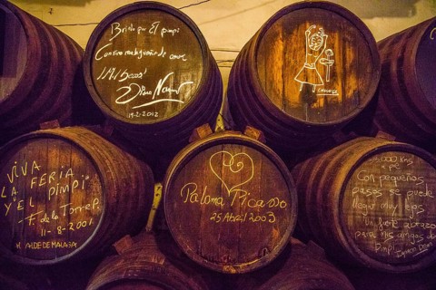 Sherry barrels signed by Paloma Picasso in a traditional tapas bar