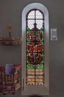 Church window with pulpit in the interior of St Matthew's Church