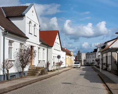 Classicist white houses at the Circus in Putbus on the island of Ruegen