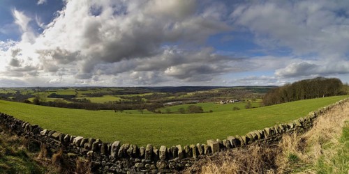 Looking over a dry stone wall across farmland towards the lake