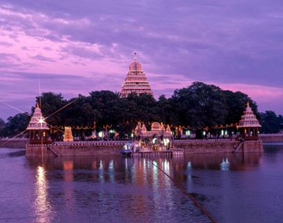 Illuminated Mariamman Teppakulam or Vandiyur tank during Float festival in Madurai