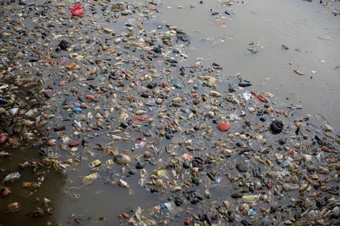 Rubbish floating on river in city