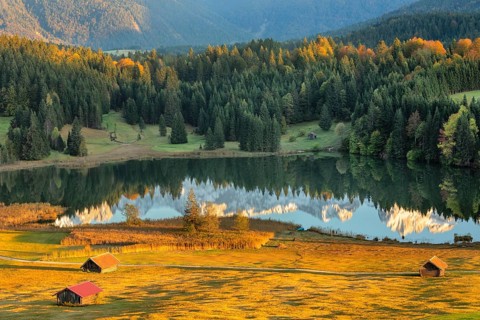 Karwendel Mountains reflected at sunset in Geroldsee