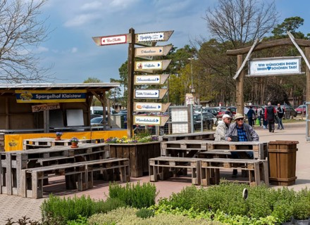 Market stalls and sales booths on the grounds of the asparagus farm in Klaistow