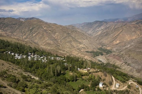 View of river valley and village