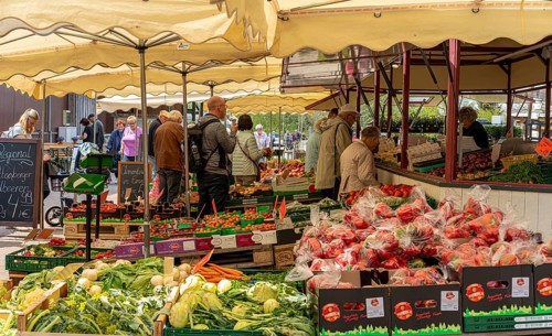 Market stalls and sales booths on the grounds of the asparagus farm in Klaistow
