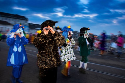 Dressed-up musicians at the Morgenstraich