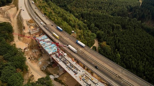 Aerial view of the construction work on the Pfaedchensgraben bridge on the A61 motorway near Rheinboellen