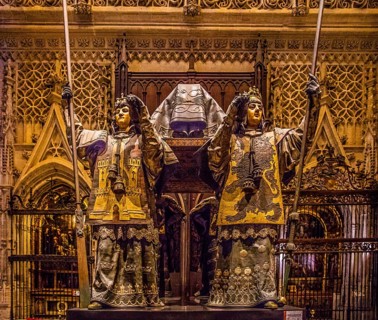 Mausoleum of Christopher Columbus with four pallbearers representing the Spanish kingdoms of Aragon