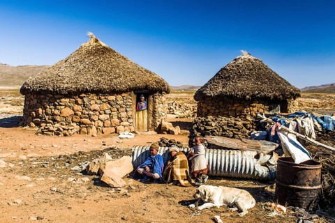 Huts on the high plateau at the Sani Pass