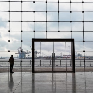 Young man standing in front of modern glass facade with large door and looking at the harbour