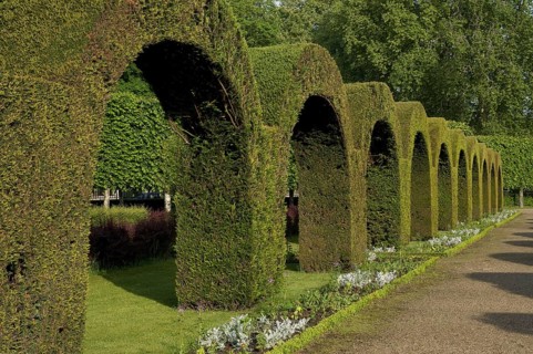 Topiary archways in public park garden
