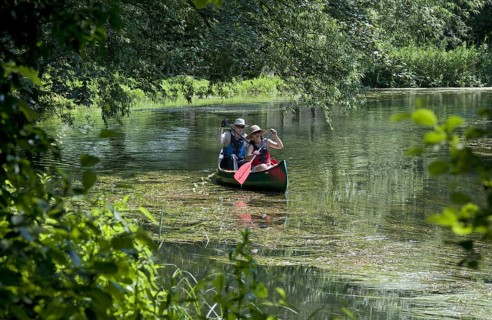 Canoeists paddling on river