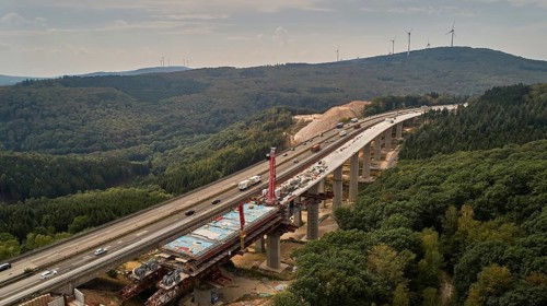 Aerial view of the construction work on the Pfaedchensgraben bridge on the A61 motorway near Rheinboellen