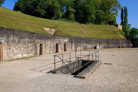 Entrance stairs to basement cellar Arenakeller of historic Roman amphitheatre of Trier Treverorum Augusta