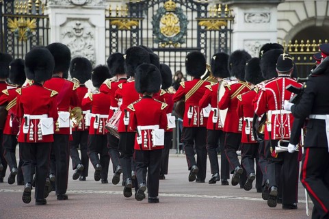 Band of Welsh Guardsmen in ceremonial uniforms