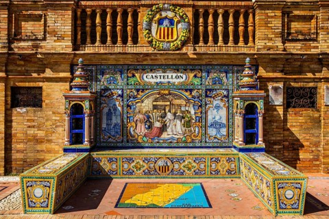 Painted ceramic benches representing Spanish provinces