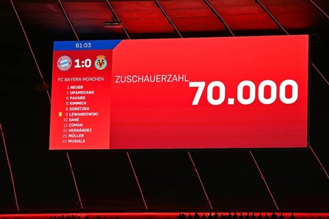 Anzeigetafel mit Aufstellung FC Bayern Muenchen FCB