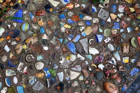 Walkway paved with broken pottery