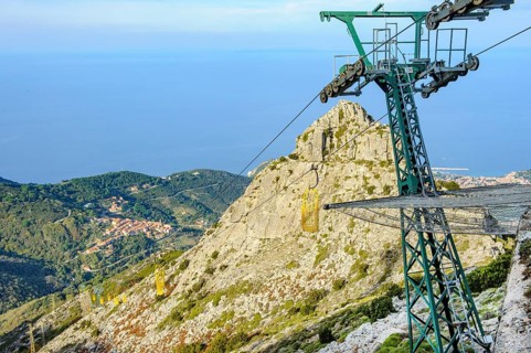 Cable car mast and open gondola Cable car gondola standing gondola of cable car Cabinovia Monte Capanne on mountain Monte Capanne