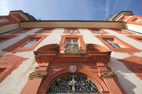 Entrance and facade of the baroque castle with view to the sky in Bonndorf