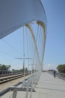 Modern steel structure with struts of the Pont Beatus Rhenanus tram bridge over the Rhine near Kehl