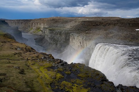 Dettifoss Waterfall with Rainbow in North-East Iceland