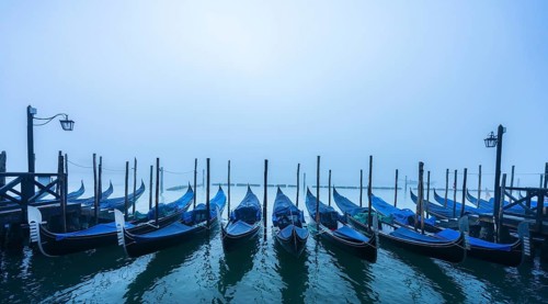 Gondola harbour in the morning mist at St Mark's Square