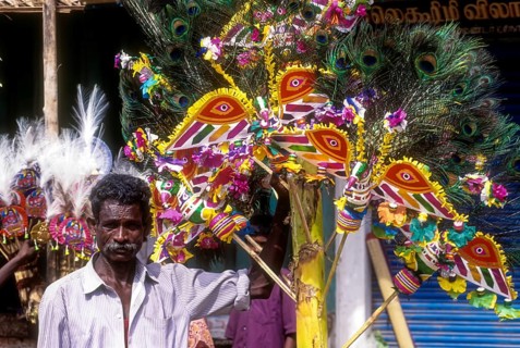 A man holding a decorated plantain in a village festival